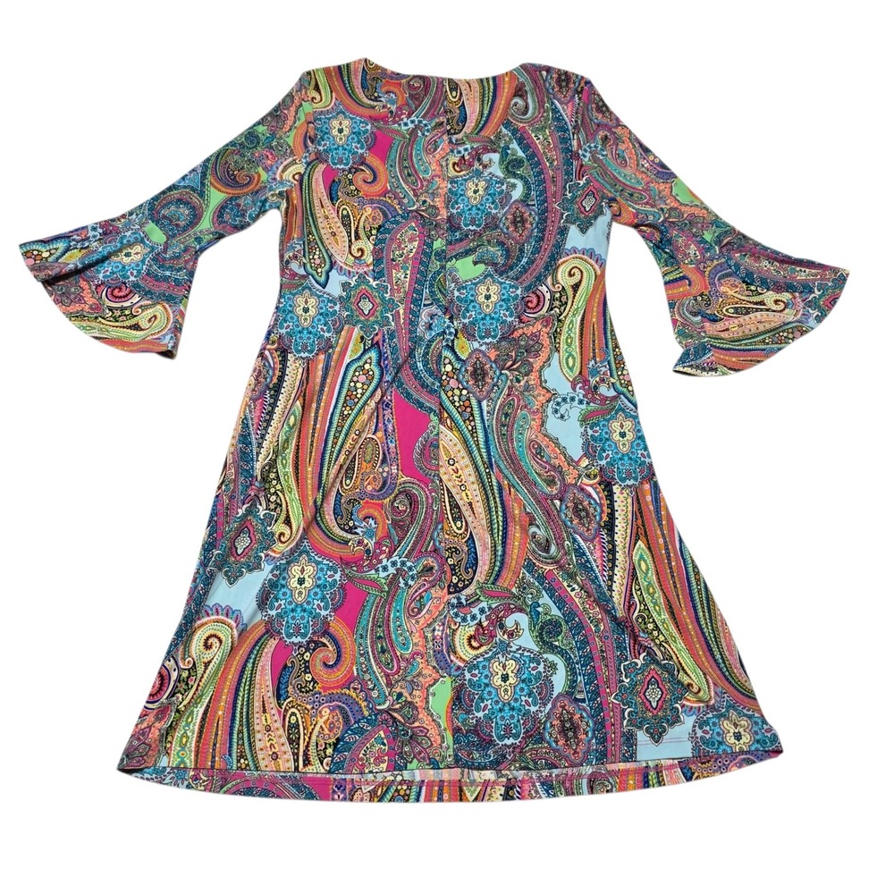Tommy Hilfiger Dress Womens 10 Multi Color Paisley Bell Sleeve Shift Mini - Picture 2 of 8